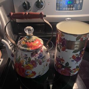 MacKenzie-Childs Floral Enamel Tea Kettle and Canister Set